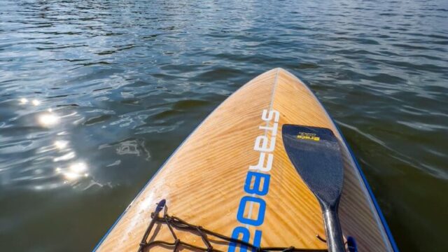 view from a paddle board on a lake
