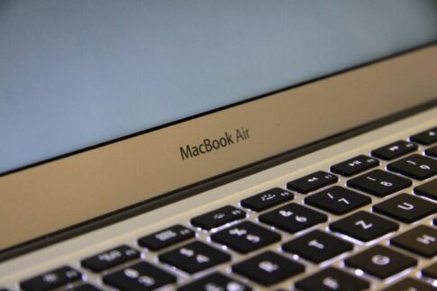 macbook air grey logo on laptop